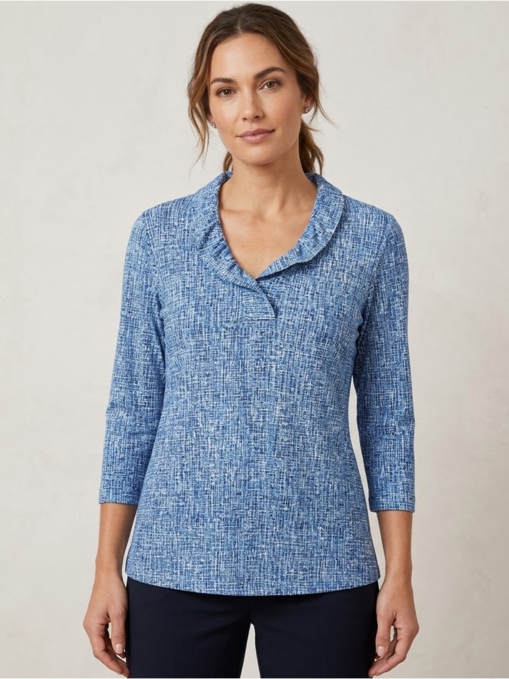 J.McLaughlin Ruffle Neck Kate Top L Blue Catalina 3/4 Sleeve Coastal Preppy
